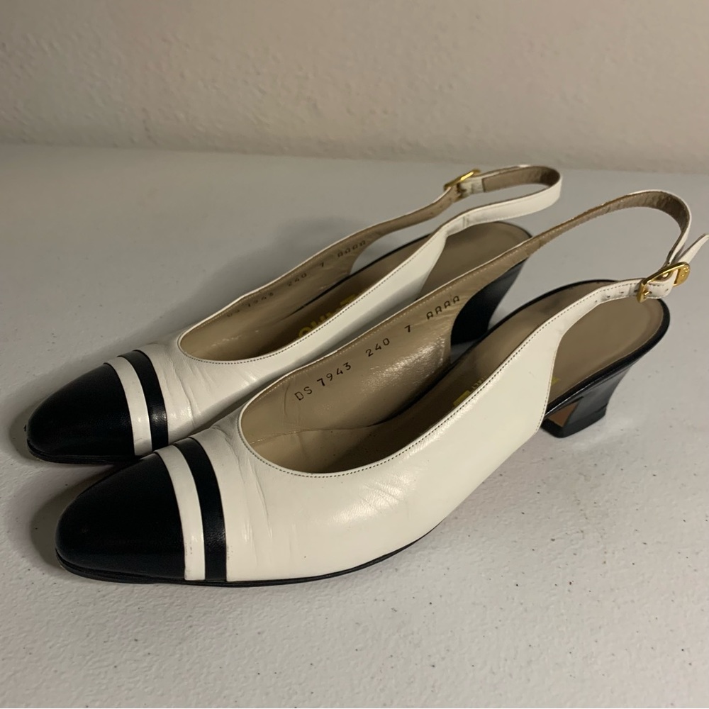 Salvatore Ferragamo White And Black Slingback Heels